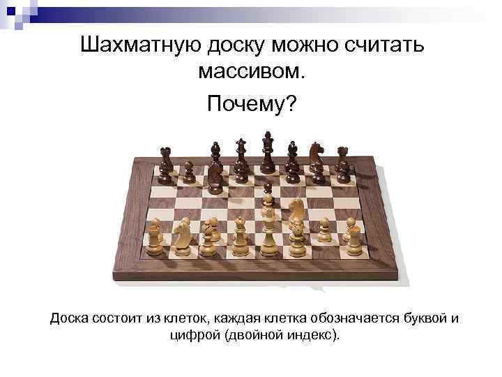 Шахматную доску можно считать массивом. Почему? Доска состоит из клеток, каждая клетка обозначается буквой