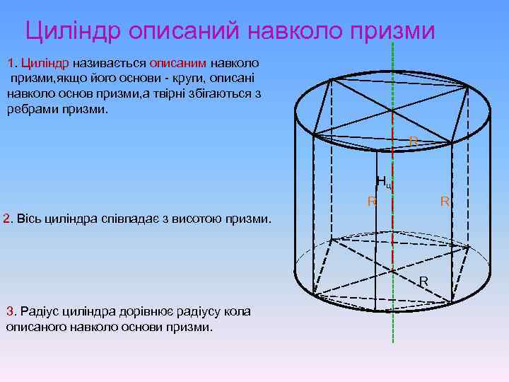 Циліндр описаний навколо призми 1. Циліндр називається описаним навколо призми, якщо його основи -