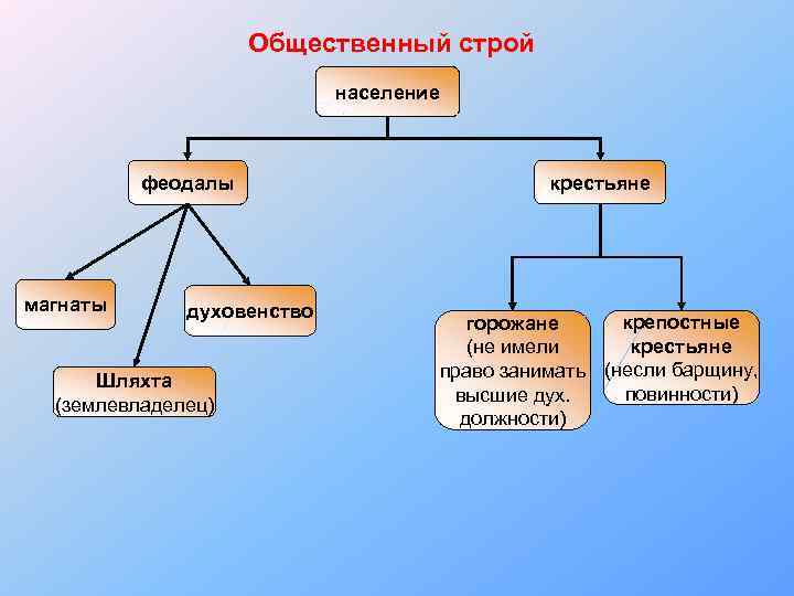 Общественный строй население феодалы магнаты духовенство Шляхта (землевладелец) крестьяне крепостные горожане крестьяне (не имели