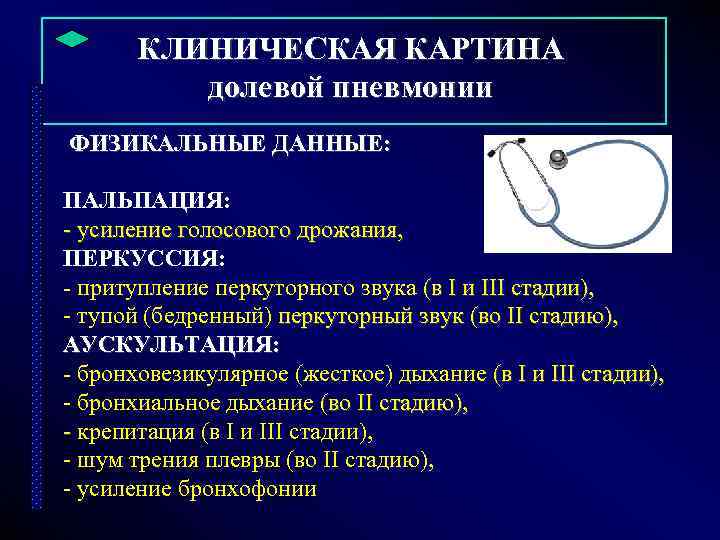  КЛИНИЧЕСКАЯ КАРТИНА долевой пневмонии ФИЗИКАЛЬНЫЕ ДАННЫЕ: ПАЛЬПАЦИЯ: - усиление голосового дрожания, ПЕРКУССИЯ: -