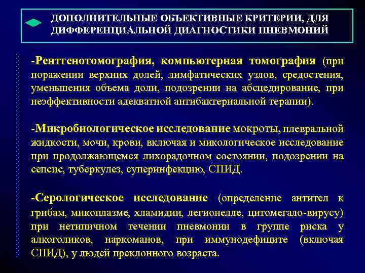  ДОПОЛНИТЕЛЬНЫЕ ОБЪЕКТИВНЫЕ КРИТЕРИИ, ДЛЯ ДИФФЕРЕНЦИАЛЬНОЙ ДИАГНОСТИКИ ПНЕВМОНИЙ -Рентгенотомография, компьютерная томография (при поражении верхних