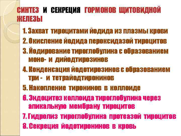 СИНТЕЗ И СЕКРЕЦИЯ ГОРМОНОВ ЩИТОВИДНОЙ ЖЕЛЕЗЫ 1. Захват тироцитами йодида из плазмы крови 2.