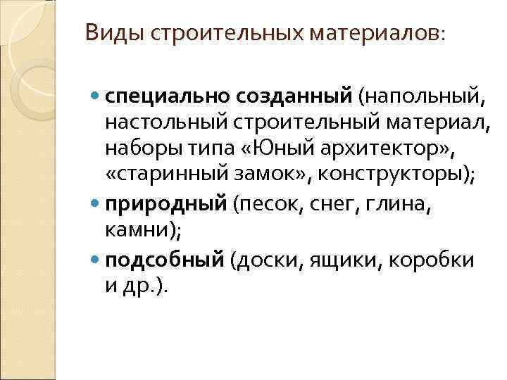 Виды строительных материалов: специально созданный (напольный, настольный строительный материал, наборы типа «Юный архитектор» ,