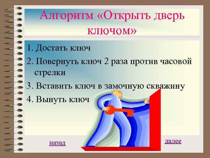 Алгоритм «Открыть дверь ключом» 1. Достать ключ 2. Повернуть ключ 2 раза против часовой