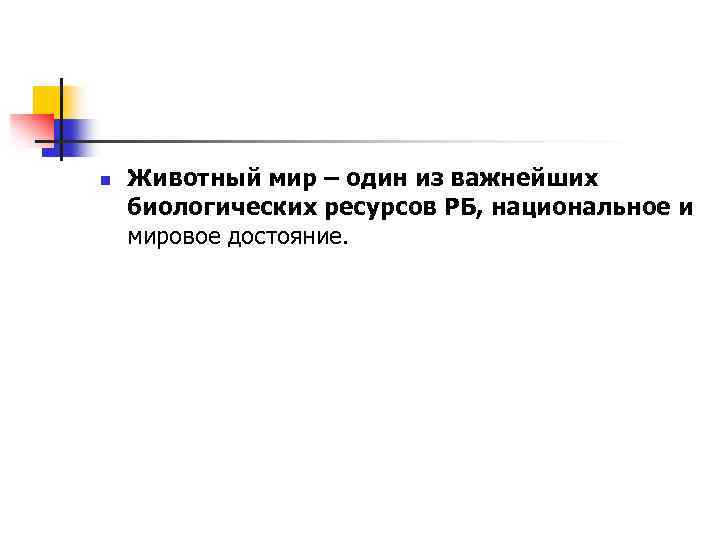 n Животный мир – один из важнейших биологических ресурсов РБ, национальное и мировое достояние.