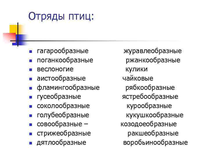 Отряды птиц: n n n гагарообразные журавлеобразные поганкообразные ржанкообразные веслоногие кулики аистообразные чайковые фламингообразные