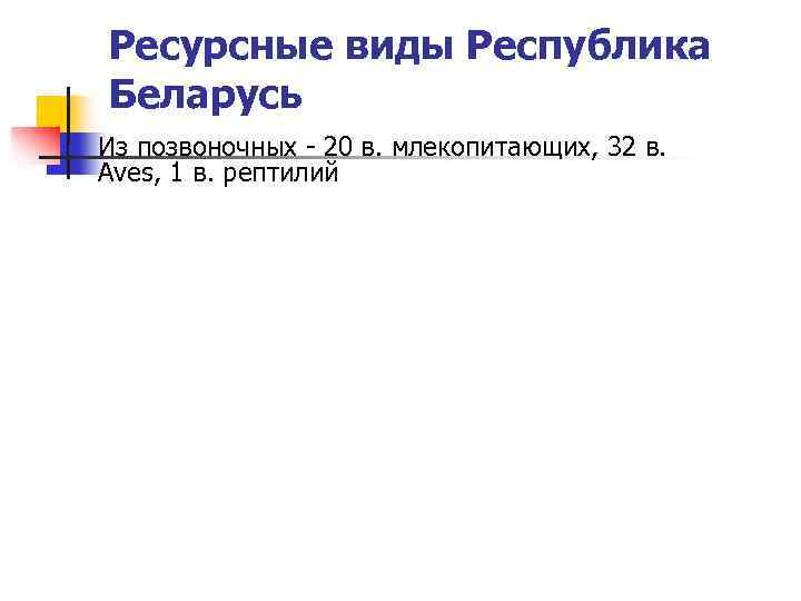 Ресурсные виды Республика Беларусь n Из позвоночных - 20 в. млекопитающих, 32 в. Aves,