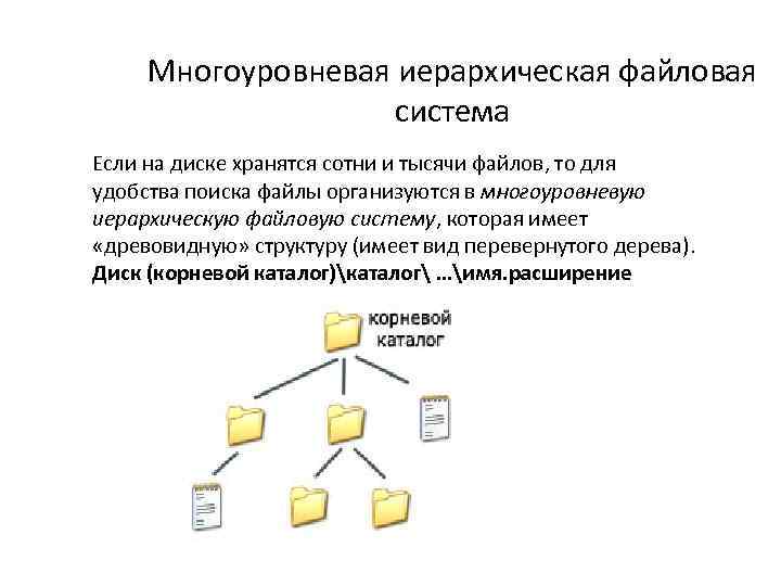 Файловая система компьютера. Древовидная структура файловой системы. Файловая система диски файлы каталоги. Многоуровневая иерархическая файловая система. Иерархическая (древовидная) структура файловой системы.