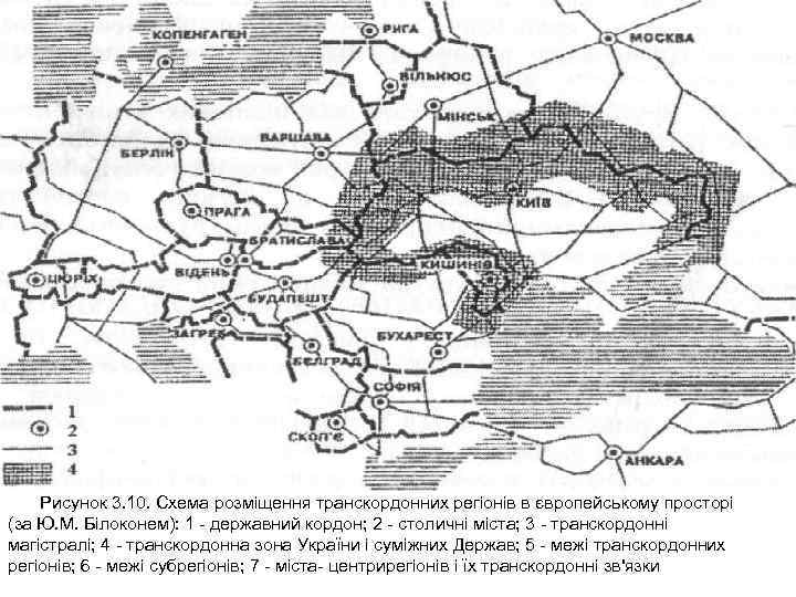 Рисунок 3. 10. Схема розміщення транскордонних регіонів в європейському просторі (за Ю. М. Білоконем):