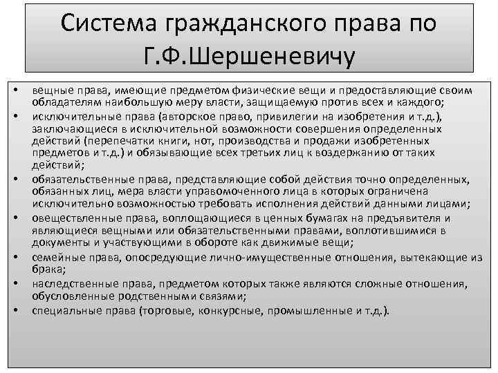 Система гражданского права по Г. Ф. Шершеневичу • • вещные права, имеющие предметом физические