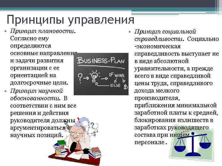 Принципы управления • Принцип плановости. Согласно ему определяются основные направления и задачи развития организации