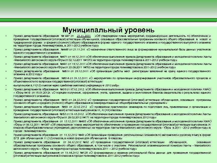  Муниципальный уровень • Приказ департамента образования № 447 от 21. 11. 2011 «Об