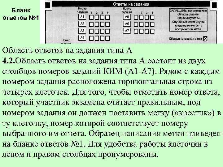  Бланк ответов № 1 Область ответов на задания типа А 4. 2. Область