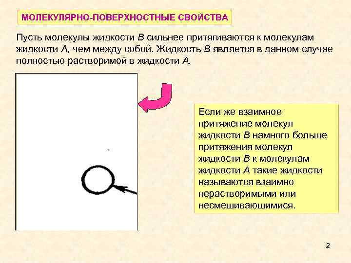 МОЛЕКУЛЯРНО-ПОВЕРХНОСТНЫЕ СВОЙСТВА Пусть молекулы жидкости В сильнее притягиваются к молекулам жидкости А, чем между