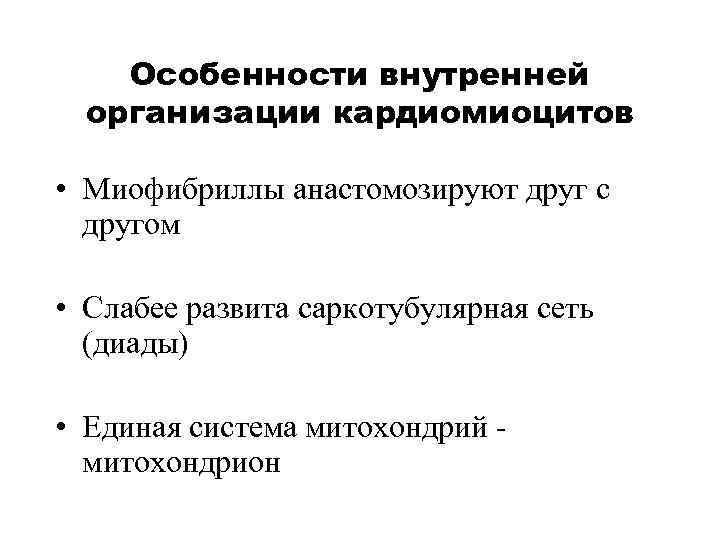 Особенности внутренней организации кардиомиоцитов • Миофибриллы анастомозируют друг с другом • Слабее развита саркотубулярная