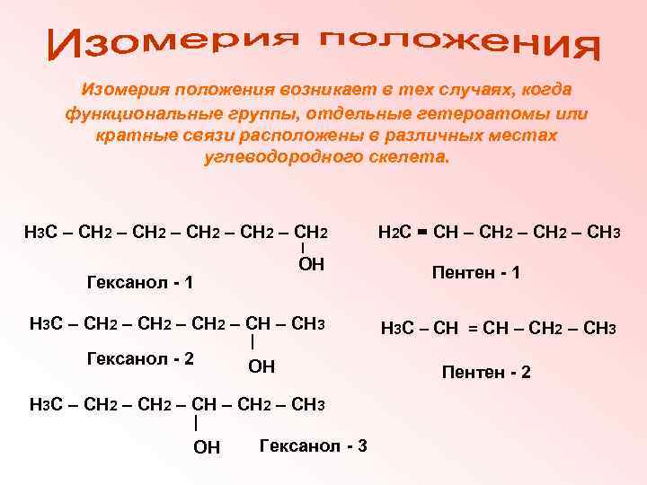 Изомерия положения возникает в тех случаях, когда функциональные группы, отдельные гетероатомы или кратные связи