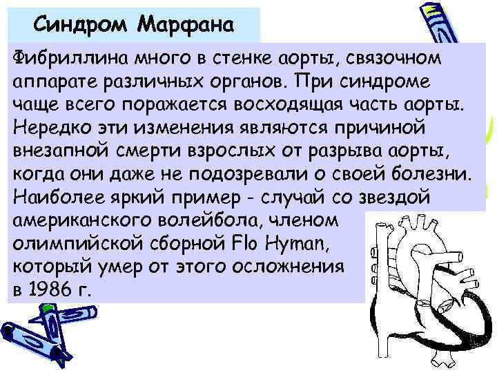 Синдром Марфана Фибриллина много в стенке аорты, связочном аппарате различных органов. При синдроме чаще