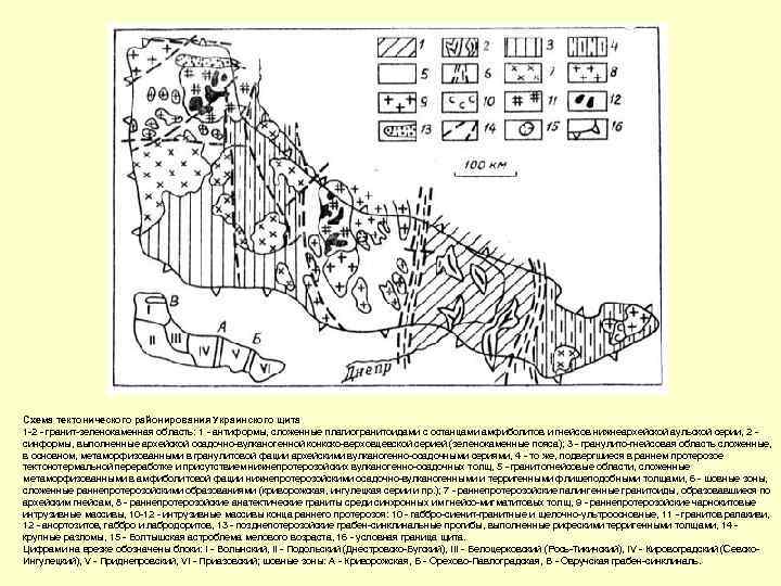 Схема тектонического районирования Украинского щита 1 -2 - гранит-зеленокаменная область: 1 - антиформы, сложенные