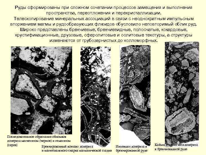 Руды сформированы при сложном сочетании процессов замещения и выполнения пространства, переотложения и перекристаллизации. Телескопирование
