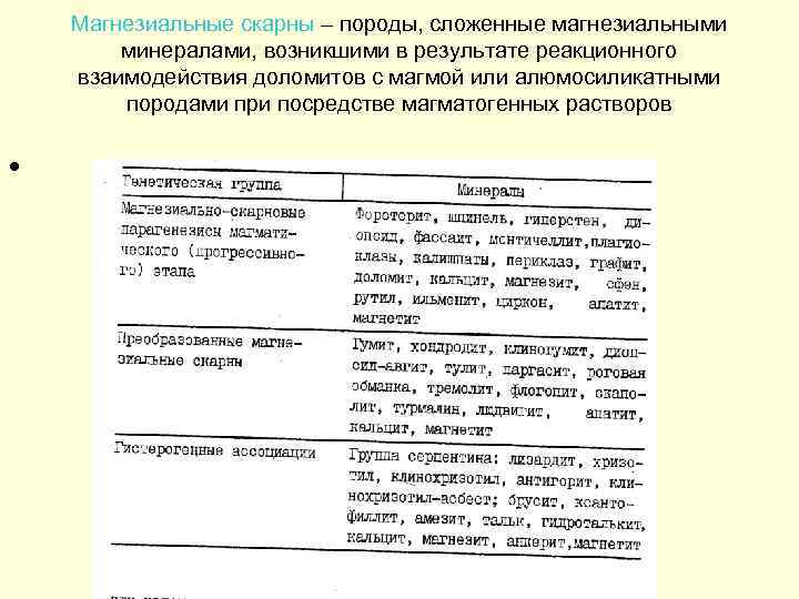 Магнезиальные скарны – породы, сложенные магнезиальными минералами, возникшими в результате реакционного взаимодействия доломитов с