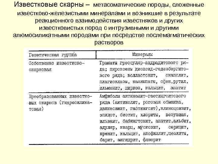 Известковые скарны – метасоматические породы, сложенные известково-железистыми минералами и возникшие в результате реакционного взаимодействия