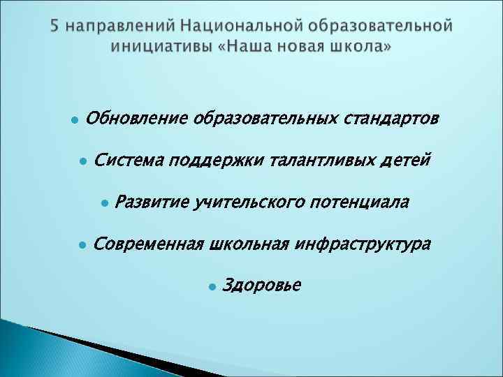  Обновление образовательных стандартов Система поддержки талантливых детей Развитие учительского потенциала Современная школьная инфраструктура