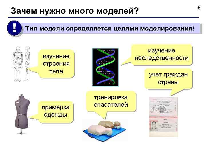 8 Зачем нужно много моделей? ! Тип модели определяется целями моделирования! изучение наследственности изучение