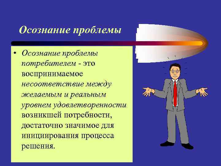 Осознание проблемы • Осознание проблемы потребителем - это воспринимаемое несоответствие между желаемым и реальным