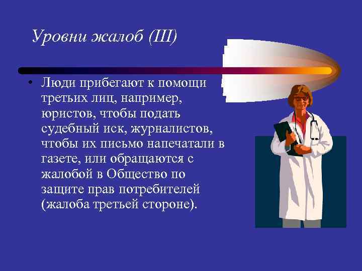 Уровни жалоб (III) • Люди прибегают к помощи третьих лиц, например, юристов, чтобы подать