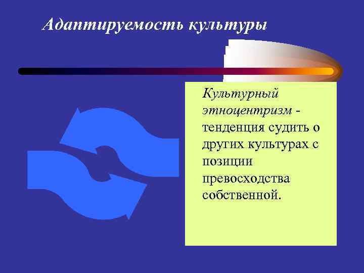 Адаптируемость культуры Культурный этноцентризм тенденция судить о других культурах с позиции превосходства собственной. 