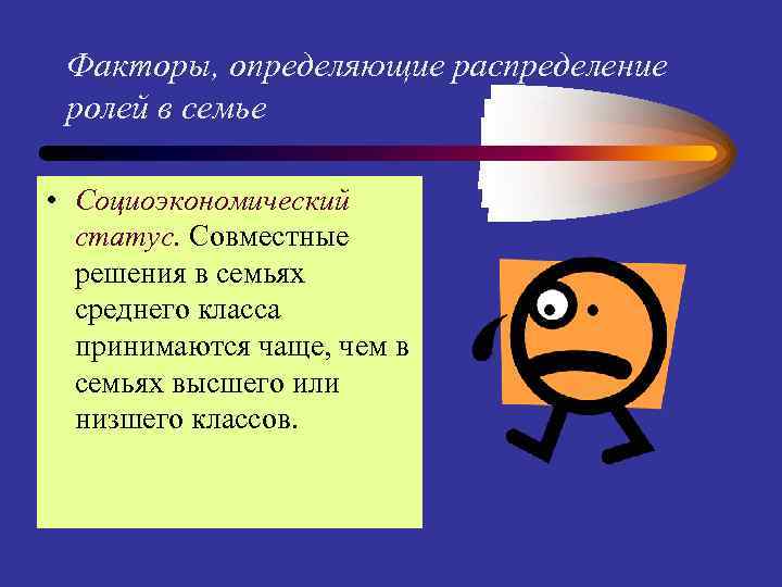 Факторы, определяющие распределение ролей в семье • Социоэкономический статус. Совместные решения в семьях среднего
