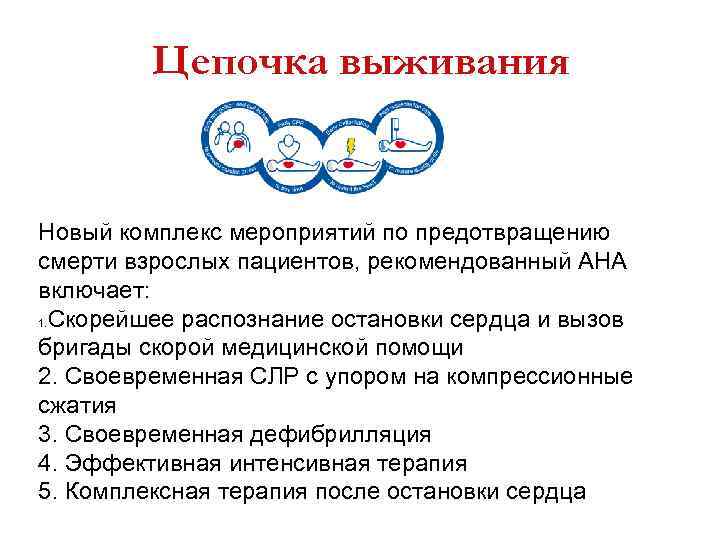 Цепочка выживания Новый комплекс мероприятий по предотвращению смерти взрослых пациентов, рекомендованный AHA включает: 1.