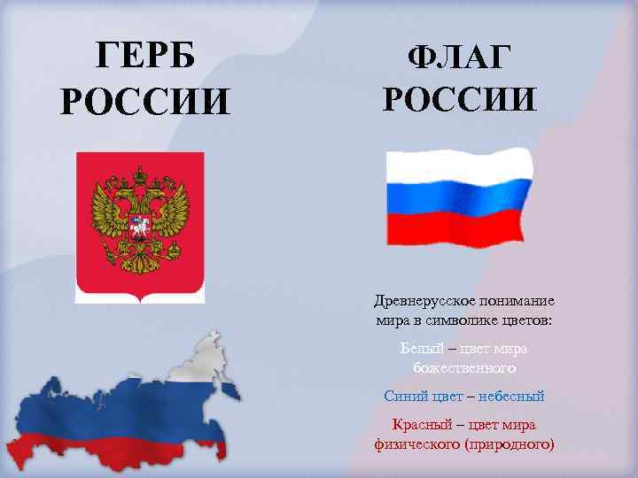 ГЕРБ РОССИИ ФЛАГ РОССИИ Древнерусское понимание мира в символике цветов: Белый – цвет мира