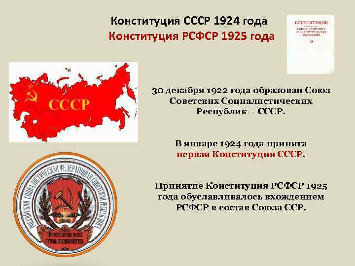 Конституция СССР 1924 года Конституция РСФСР 1925 года 30 декабря 1922 года образован Союз