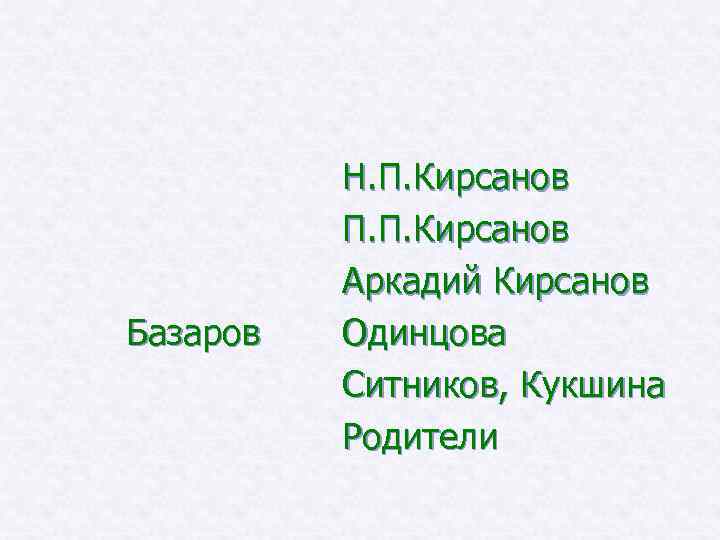 Базаров Н. П. Кирсанов П. П. Кирсанов Аркадий Кирсанов Одинцова Ситников, Кукшина Родители 