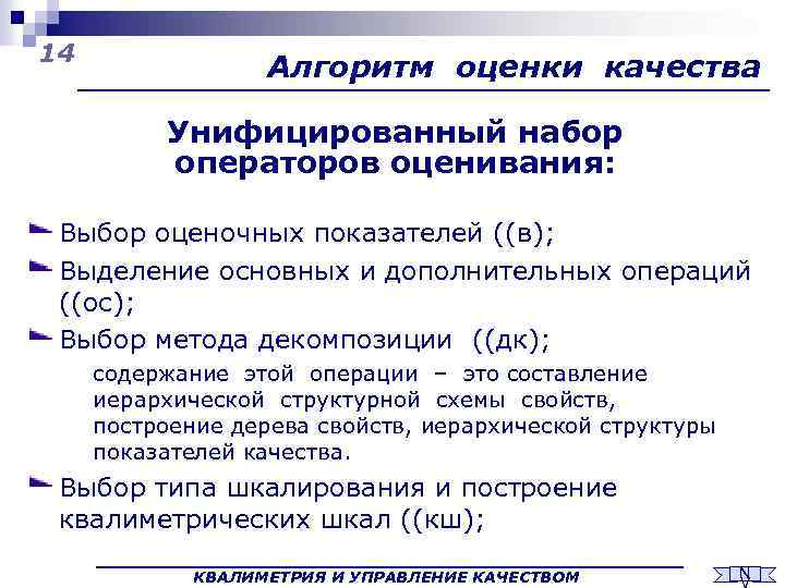 14 Алгоритм оценки качества Унифицированный набор операторов оценивания: Выбор оценочных показателей ((в); Выделение основных