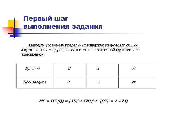 Первый шаг выполнения задания Выводим уравнение предельных издержек из функции общих издержек, зная следующее