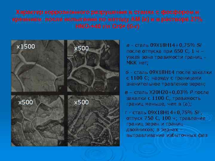 Характер коррозионного разрушения в сталях с фосфором и кремнием после испытаний по методу АМ