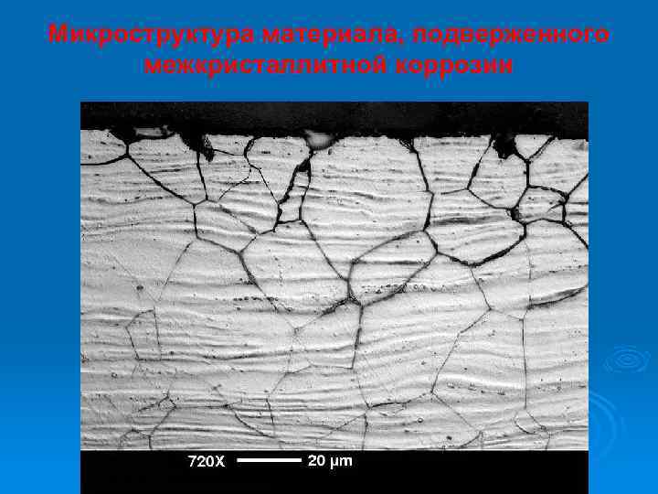 Микроструктура материала, подверженного межкристаллитной коррозии Сварной шов 