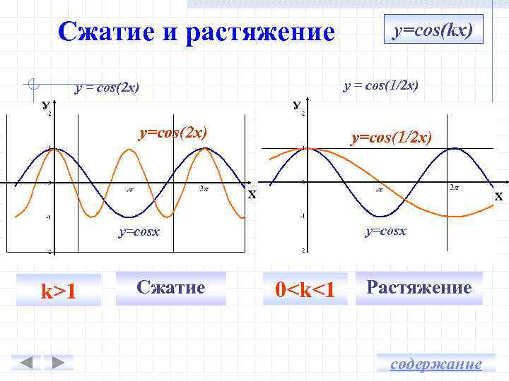 Сжатие и растяжение y=cos(kx) y = cos(1/2 x) y = cos(2 x) У У