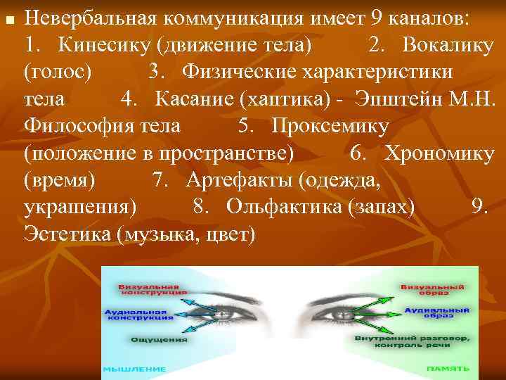 n Невербальная коммуникация имеет 9 каналов: 1. Кинесику (движение тела) 2. Вокалику (голос) 3.