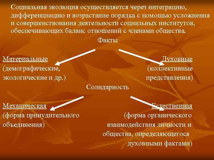 Социальная эволюция осуществляется через интеграцию, дифференциацию и возрастание порядка с помощью усложнения и совершенствования