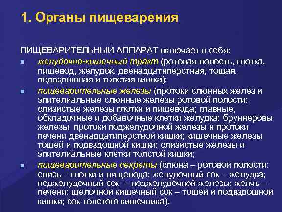 1. Органы пищеварения ПИЩЕВАРИТЕЛЬНЫЙ АППАРАТ включает в себя: желудочно-кишечный тракт (ротовая полость, глотка, пищевод,