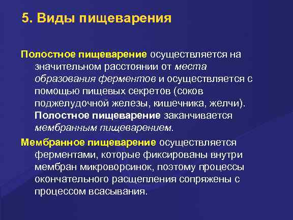 5. Виды пищеварения Полостное пищеварение осуществляется на значительном расстоянии от места образования ферментов и