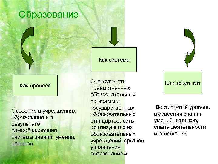 Образование Как система Как процесс Освоение в учреждениях образования и в результате самообразования системы