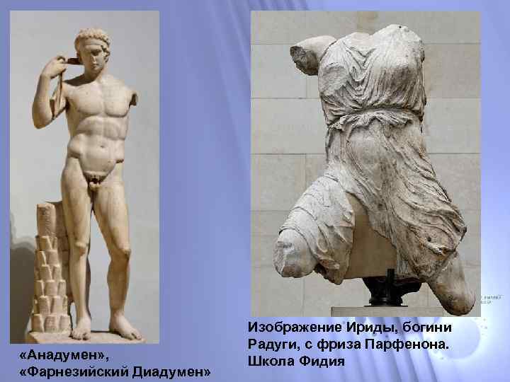 «Анадумен» , «Фарнезийский Диадумен» Изображение Ириды, богини Радуги, с фриза Парфенона. Школа Фидия