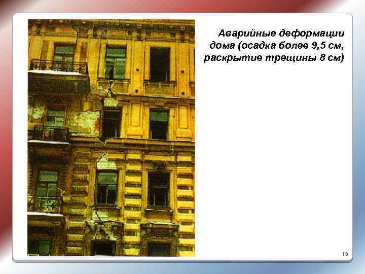 Аварийные деформации дома (осадка более 9, 5 см, раскрытие трещины 8 см) 13 