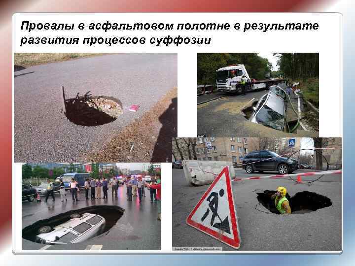 Провалы в асфальтовом полотне в результате развития процессов суффозии 21 