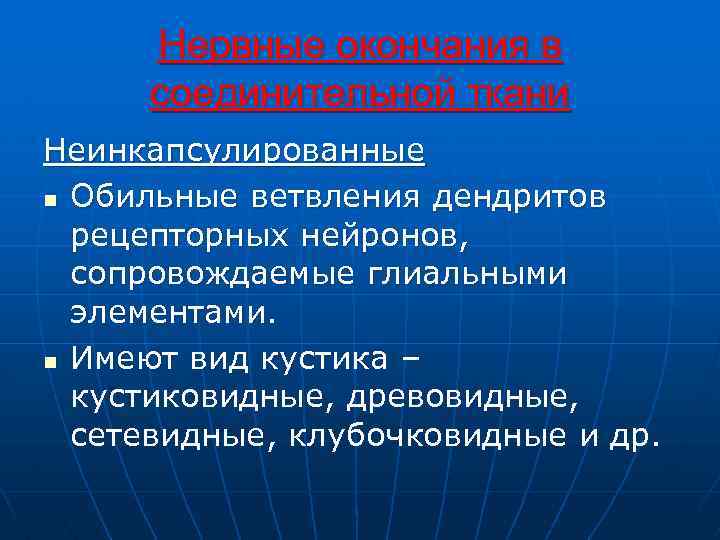 Нервные окончания в соединительной ткани Неинкапсулированные n Обильные ветвления дендритов рецепторных нейронов, сопровождаемые глиальными