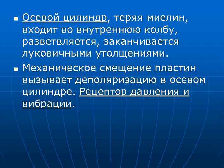 n n Осевой цилиндр, теряя миелин, входит во внутреннюю колбу, разветвляется, заканчивается луковичными утолщениями.